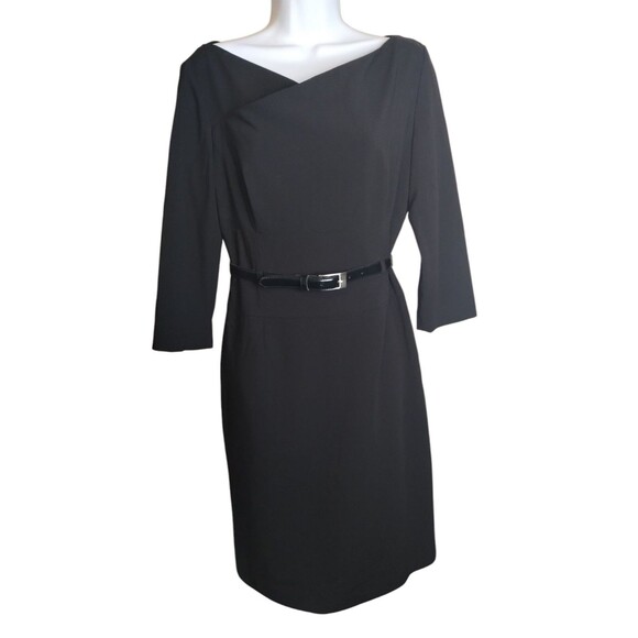 Tahari Sheath Dress Women's Size 6 Belted W Back Zip Lined 3/4 Sleeve Black 6 - Picture 2 of 7